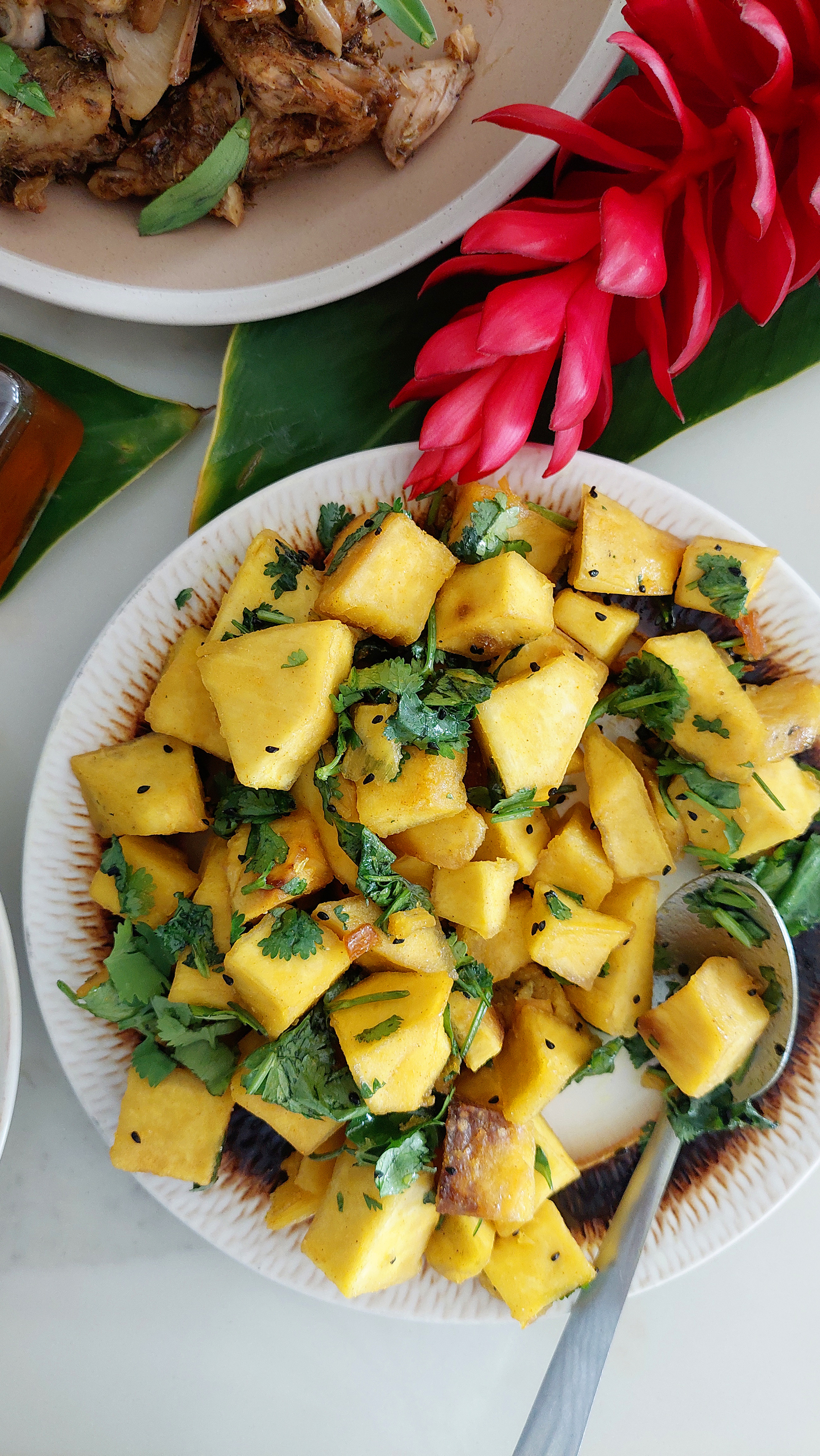GOLDEN BREADFRUIT SALAD WITH TURMERIC INFUSED HONEY-LIME DRESSING AND FRESH CILANTRO
