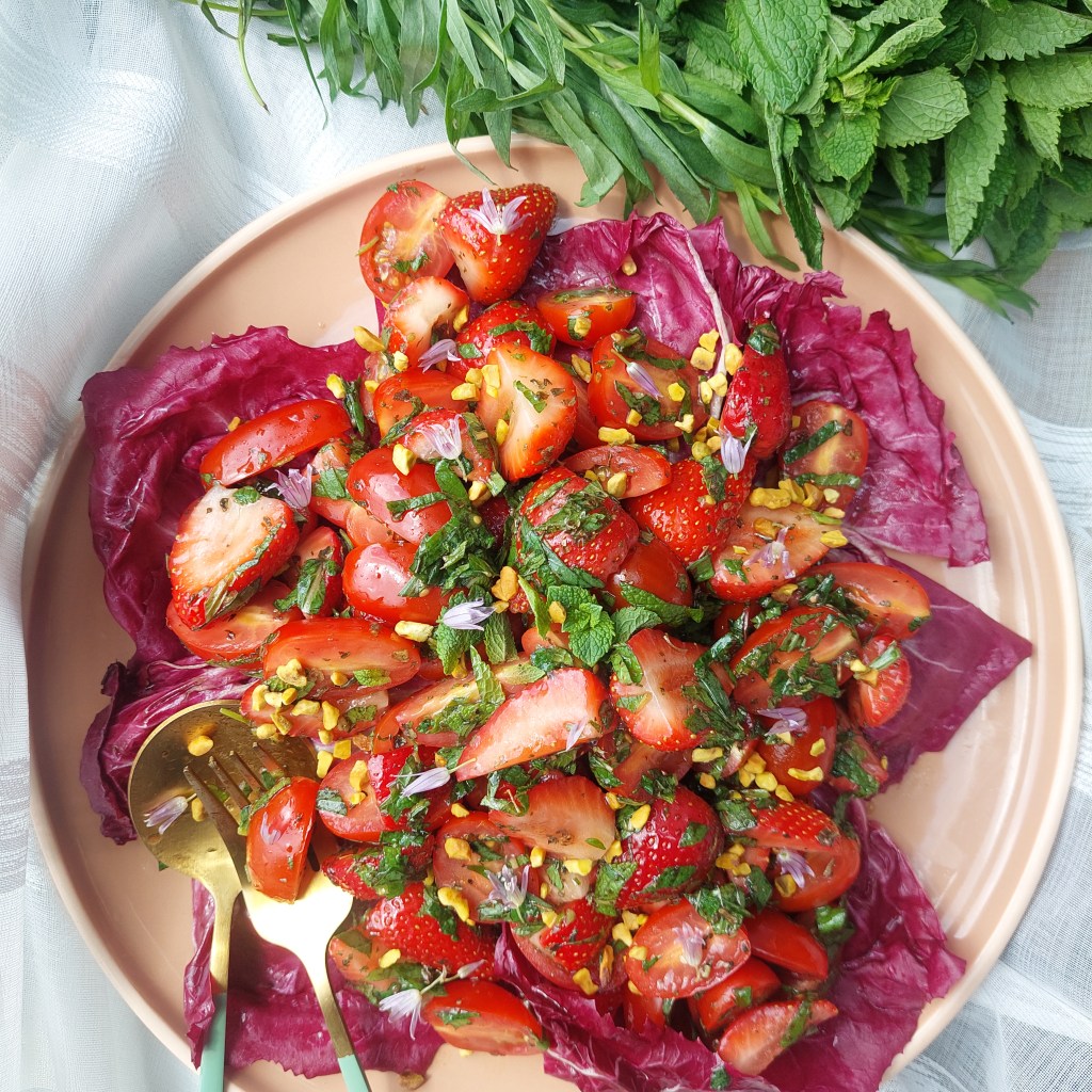STRAWBERRY-CHERRY TOMATO SALAD WITH FRESH MINT & TARRAGON, CHOPPED&nbsp;PISTACHIO